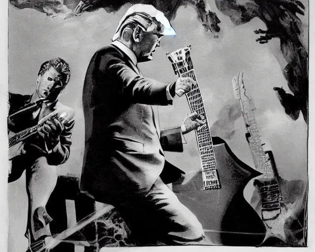 Prompt: President Trump Shredding an electric guitar in the style of Frank Frazetta. Subtitle Big riffs