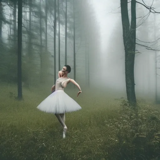 Image similar to an intricate ballerina in the middle of the forest, landscape, moody, fog, cinematic