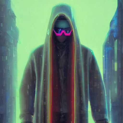 Prompt: surrealist portrait of a hooded cyberpunk man wearing high-tech glasses with digital ui, by Rembrandt, WLOP, and Gerald Brom, glitch art, hacking effects, streetwear, mysterious, cityscape background, oil painting, centered, front view, cinematic lighting, intricate, 4k, trending on artstation