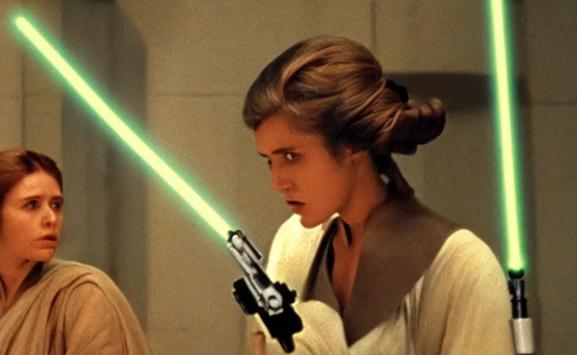 Image similar to screenshot portrait Leia training to use a yellow lightsaber at a new Jedi Temple scene from The Force Awkakens, 1970s film by Stanley Kubrick, serene, iconic scene, stunning cinematography, hyper detailed, sharp, anamorphic lenses, kodak color film, 4k