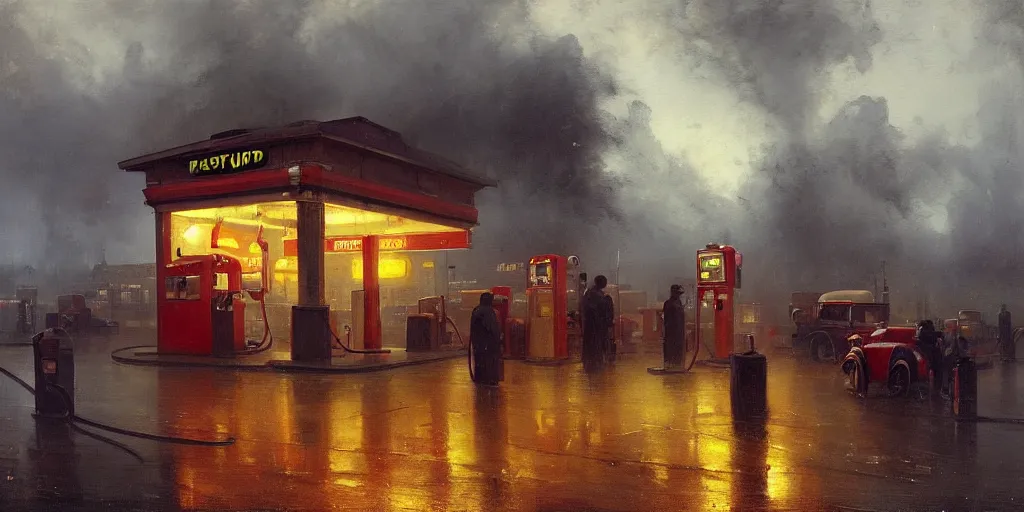 Image similar to a gas station in 1 9 4 0 with yellow and red light in the middle of the night, rainy night, a men stand up next to the pump, mystical blue fog, oil on canvas, art by andreas achenbach, clemens ascher, tom bagshaw and sabbas apterus,