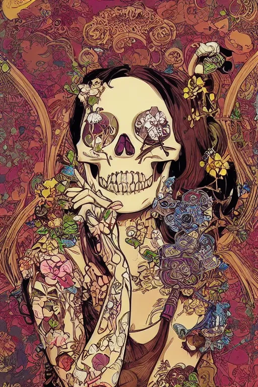 Prompt: beautiful skull cyborg girl female illustration detailed patterns art of thai traditional dress, pop art, splash painting, art by geof darrow, ashley wood, alphonse mucha, makoto shinkai