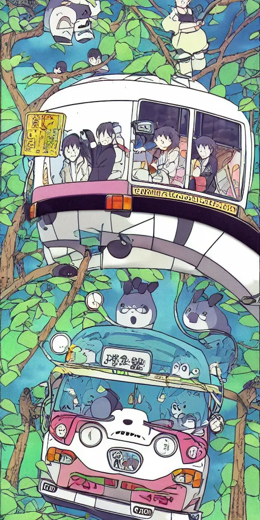 Image similar to a panda bus in like totoro, 1990s anime, full color, tarot card the chariot, highly detailed ,