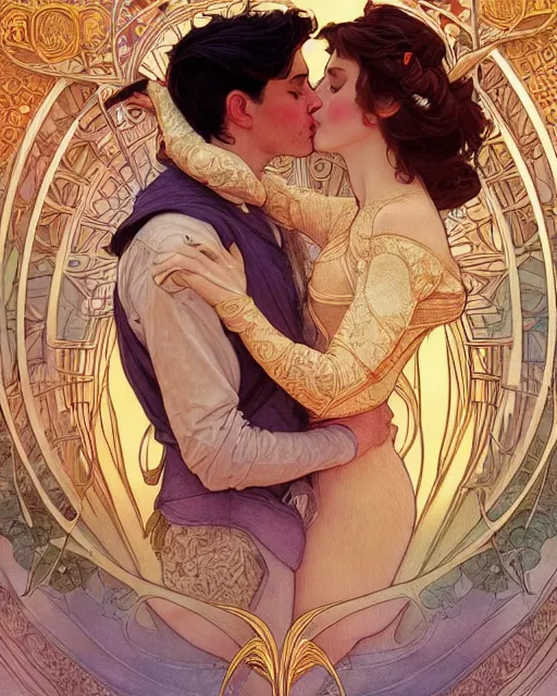 Image similar to the kiss | highly detailed | very intricate | art nouveau | gold filigree | romantic storybook fantasy | soft cinematic lighting | award - winning | disney watercolor illustration by mandy jurgens and alphonse mucha and alena aenami | pastel color palette | featured on artstation