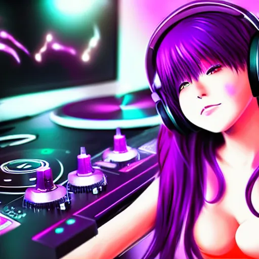 Prompt: “ cute anime woman djing a party, purple hair, headphones on the girl ’ s head, turntables, rave, digital art, unreal engine ”