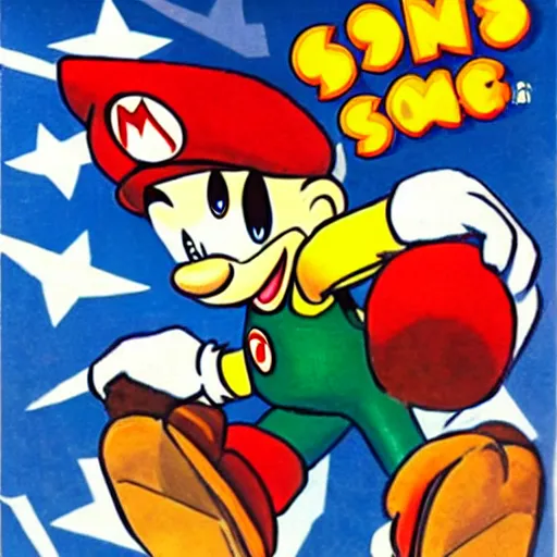 Image similar to 1940s disney film about super mario and sonic the hedgehog