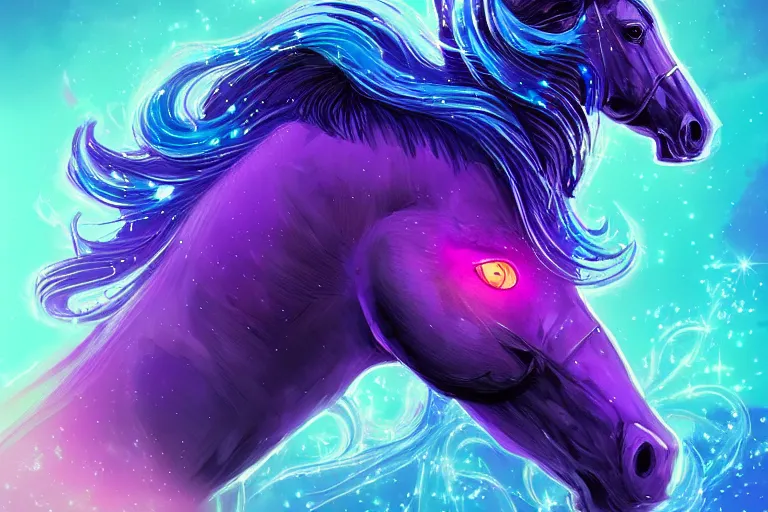 Image similar to a stunning horse with bioluminescent mane and tail running by sandra chevrier and greg rutkowski, neon hooves, purple blue color scheme, vaporware, retro, outrun, high key lighting, volumetric light, digital art, highly detailed, fine detail, intricate, ornate, complex, octane render, unreal engine, photorealistic