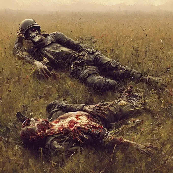 Prompt: painting by greg rutkowski, a dead zombie lying in a military helmet and uniform in the tall grass at night