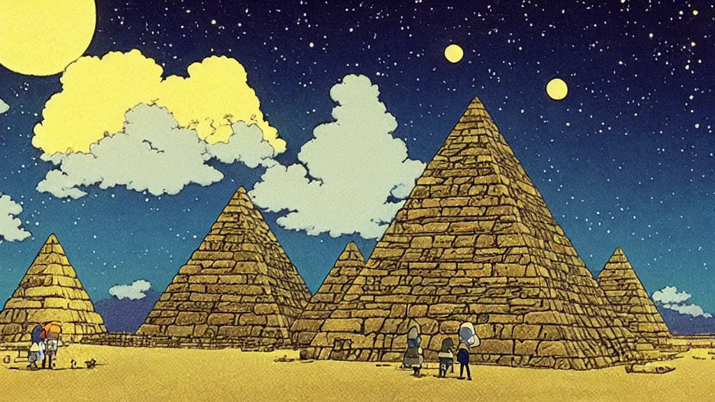 Image similar to a movie still from a studio ghibli film showing a huge glowing pyramid with a floating gold capstone on a misty and starry night. by studio ghibli