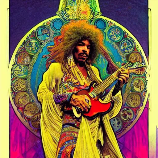 Prompt: colorfull artwork by Franklin Booth and Alphonse Mucha showing a portrait of Jimi Hendrix as a futuristic space shaman
