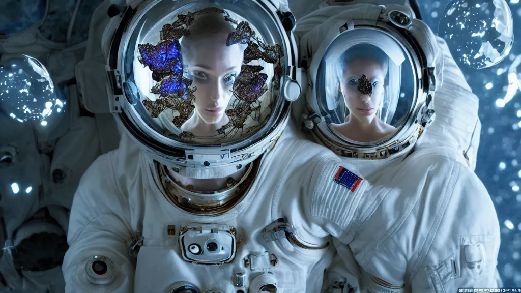 Image similar to a cybernetic symbiosis of a single astronaut eva suit with diamond 3d fractal lace iridescent bubble 3d skin covered with insectoid compound eye camera lenses floats through the living room, film still from the movie directed by Denis Villeneuve with art direction by Salvador Dalí, wide lens,