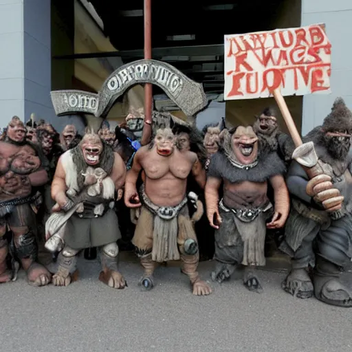 Image similar to orcs standing outside of a Walmart, protesting the working conditions, High detail, 2005