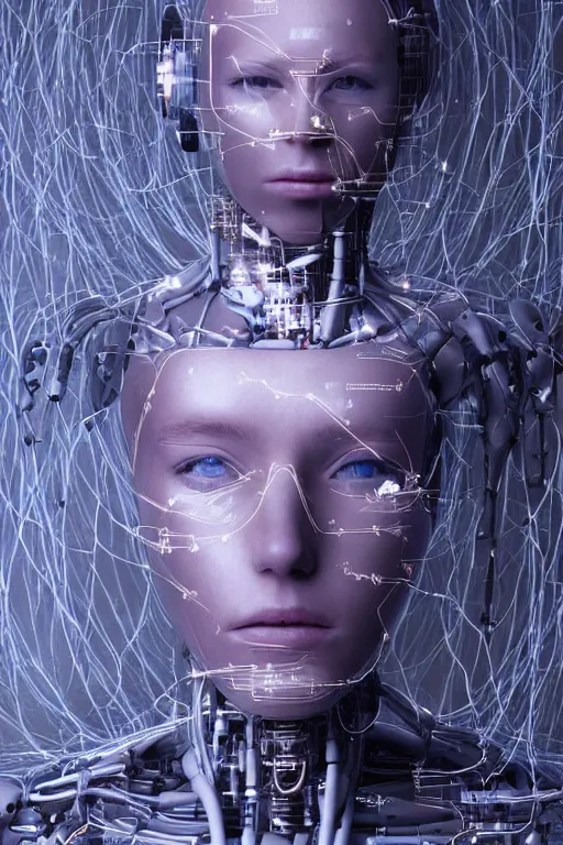 Image similar to robot with human face, female head, full body angle, woman human face, human face realistic, beautiful blonde hair, human head, human head with blonde hair, blonde hair human head, blonde hair, human realistic face, human head skin, cyborg frame concept, cyborg by ales-kotnik, sci-fi android female, the body is made of wires, robotic body, cyborg body, cyborg bust body, robot body cyborg, full body