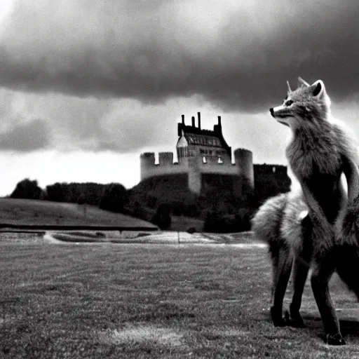 Image similar to anthropomorphic fox!! who i - s a medieval knight holding a swo - rd towards a stormy thundercloud [ 1 9 3 0 s film still ], ( castle in the background )