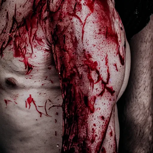 Image similar to ultra detailed photo of a man with many bloody arms covering his entire body