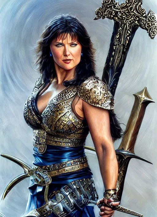 Image similar to Lucy Lawless as Xena as a ruggedly handsome hero holding an enormous large dual wielding sword, intricate, elegant, highly detailed, centered, digital painting, artstation, concept art, smooth, sharp focus, illustration, artgerm, donato giancola, Joseph Christian Leyendecker, WLOP, Boris Vallejo, Artgerm