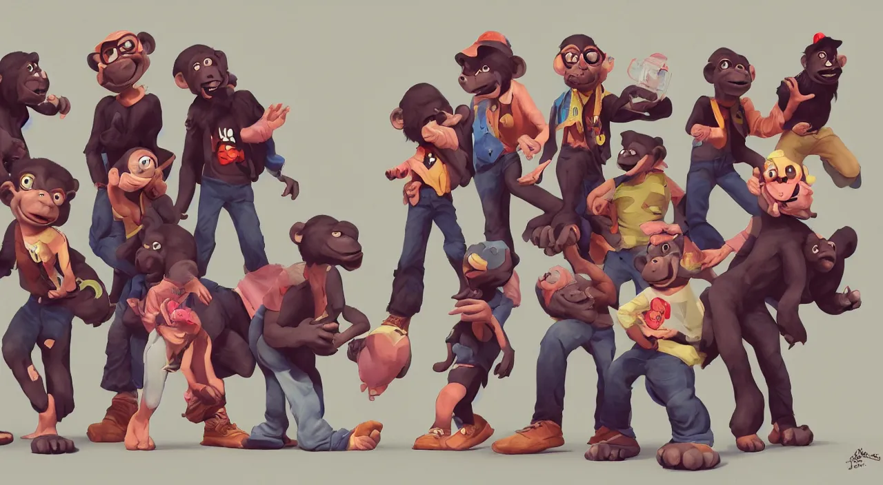 Image similar to a group of 3-d young hip ape kids wearing a street clothes, beautifully rendered, artstation, artgerm, cartoon look, joy, happy, mischievous, 8k, soft lighting, face enhance, sharp focus, concept art, smooth