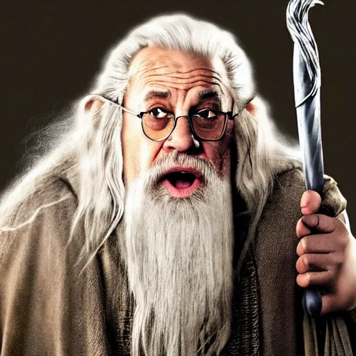 Image similar to danny devito starring as gandalf the white in the 2 0 2 4 lord of the rings movie, full body, hyper realistic, high quality, wide angle, always sunny in philadelphia