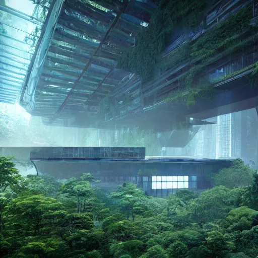 Prompt: extreme wide shot a futuristic containment building in a rainforest valley with a city in the distance, national geographic, hyper realistic, 4 k, warm light, the will to endure, artstation