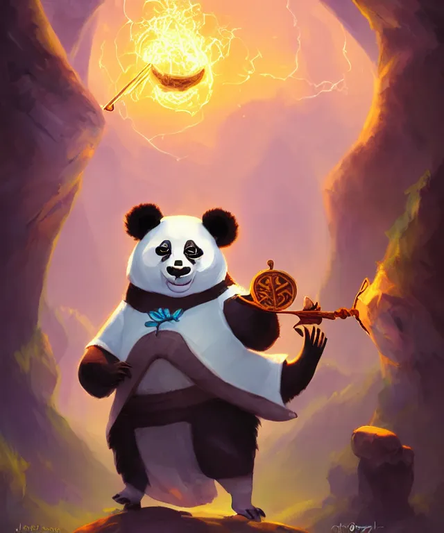 Prompt: a portrait an anthropomorphic panda mage casting a spell, wearing mage robes, landscape in background, cute, dnd character art portrait, pixar style, by jason felix by steve argyle by tyler jacobson by peter mohrbacher, cinematic lighting
