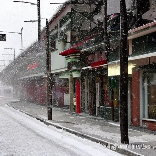Prompt: snow falling, australia, nsw, inner west suburb, main street, winter