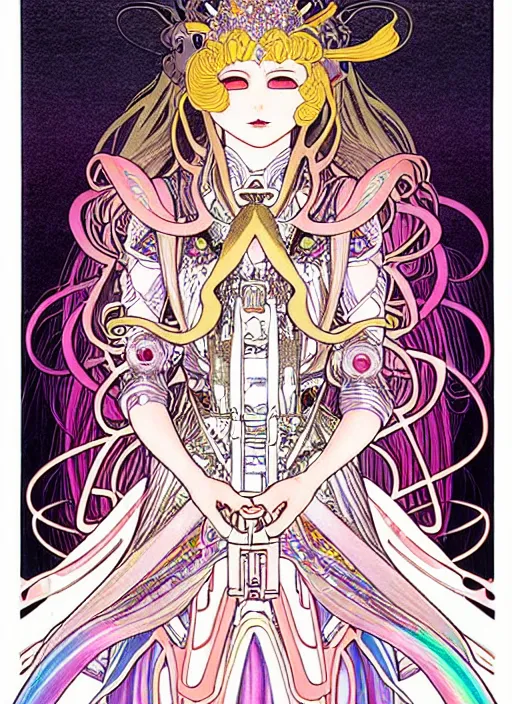 Image similar to highly detailed terada katsuya minaba hideo atrstation manga poster of princess mechine, face by aregerm, rainbow gradient reflection, long hair, armor, dress, laces, ruffles, 8 k, maximalist, legend of the cryptids, alphonse mucha