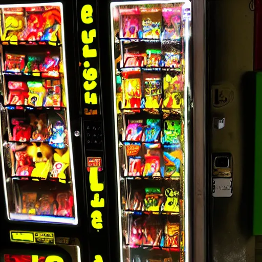 Prompt: in a dark alley at night a vending machine sells puppies only visible by the light from the vending machine.