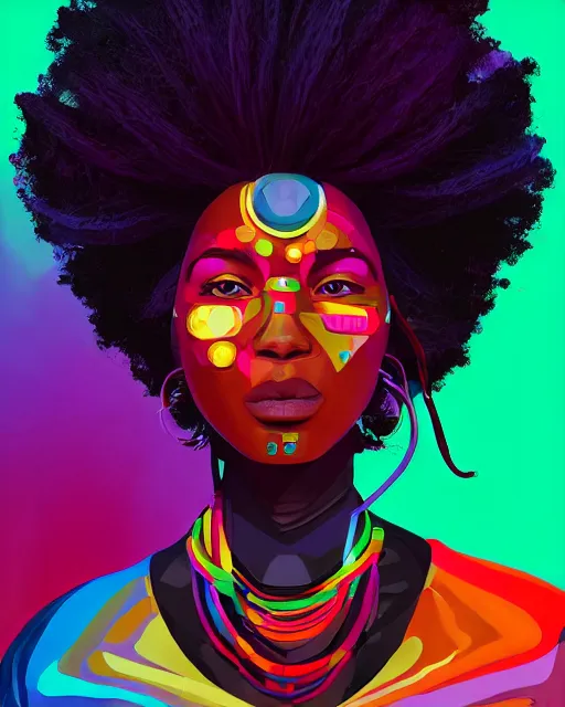 Prompt: colorful portrait of a black woman hippie with cybernetics and a natural hair style, but set in the future 2 1 5 0 | highly detailed | very intricate | symmetrical | professional model | cinematic lighting | award - winning | painted by mandy jurgens | pan futurism, dystopian, bold psychedelic colors, cyberpunk, anime aesthestic | featured on artstation