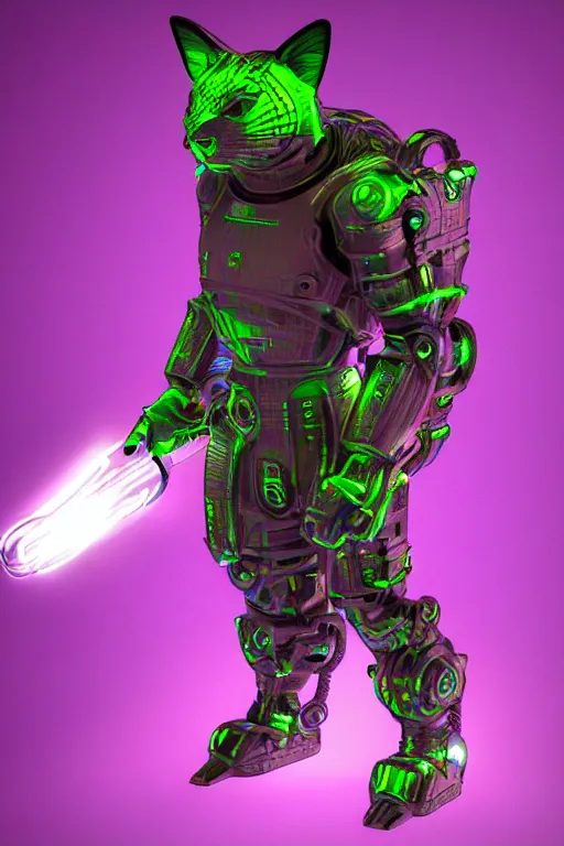 Prompt: cat in cybernetic armour, 3 d render, highly detailed, 8 k, intricate, trending on artstation, high contrast, volumetric light, raycasting, bright neon colours