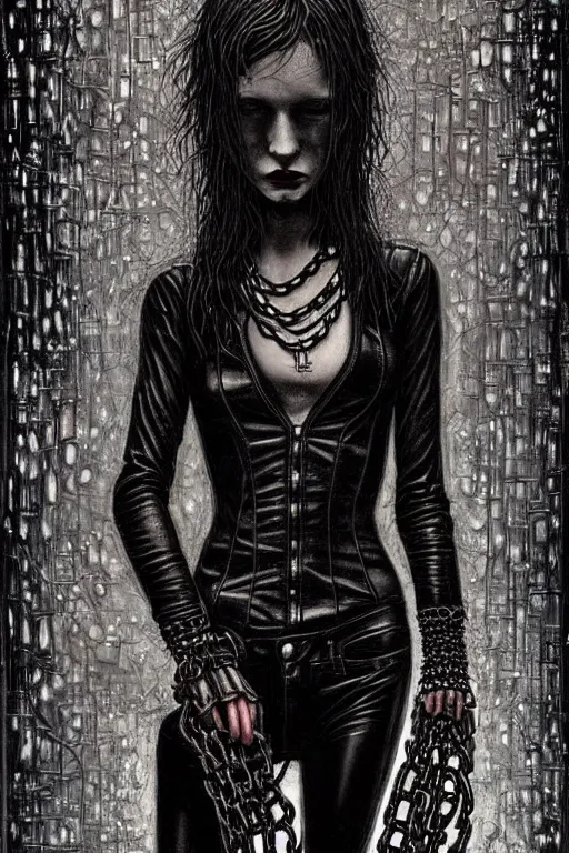 Image similar to dreamy gothic girl, black leather slim clothes, chains, chainsaw, beautiful slim body, detailed acrylic, grunge, intricate complexity, by dan mumford and by alberto giacometti, peter lindbergh