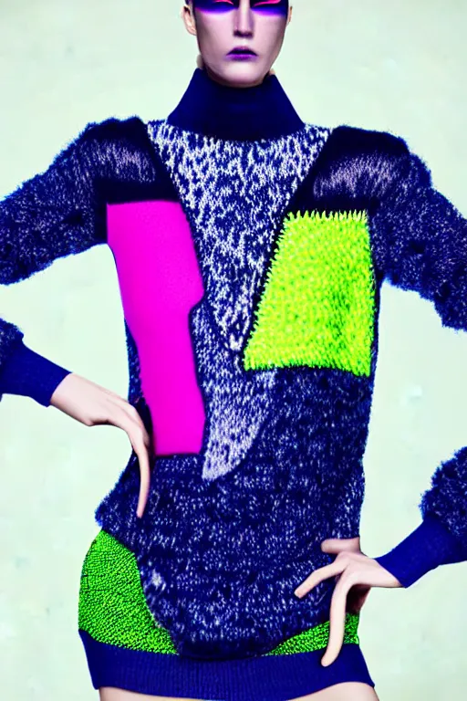 Image similar to stylish pullover for a rave bright colors, many details, photo for a magazine, photo for a store, fashion photography, Vogue, cinematic, hyper realism, high detail, 8k, very coherent symmetrical work, perfect face model, full length photo, Upper and lower body, white eyes, photographer style by Nik Night Erik Madigan Hec and Walter Chin and Camilla Akrans and Miles Aldridge