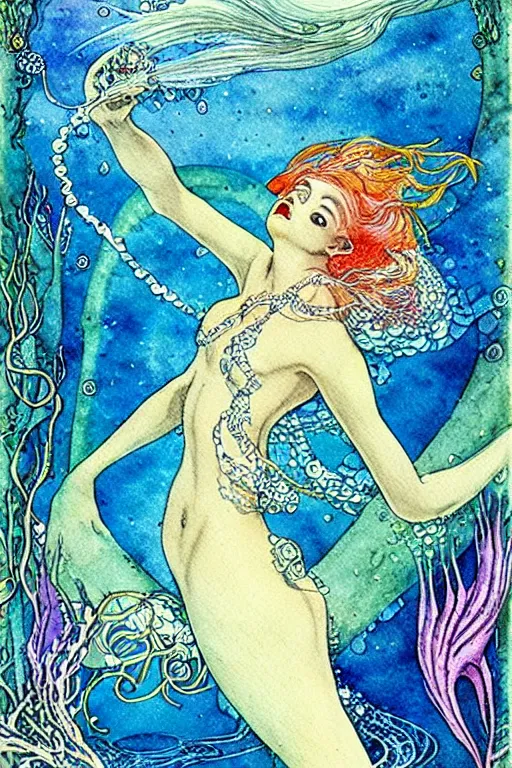 Prompt: alchemical mermaid underwater, fantasy art, art by hans zatzka and walter crane and kay nielsen, watercolor illustration,