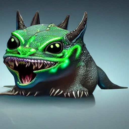 Prompt: realistic miniature of bioluminescent toothless, studio shot, 1 0 0 mm, hyper realism, intricate, digital art, detailed, high definition, smooth, sharp focus