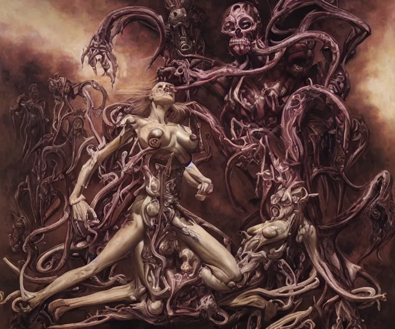 Prompt: elegant renaissance painting of sorceress final boss bodybuilder vecna battle, art by alex ross and peter mohrbacher, epic biblical depiction, flesh and bones, fangs, teths and tentacles, corpses and shadows!