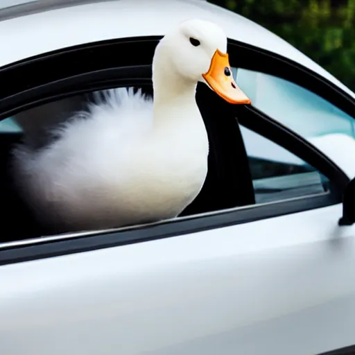 Prompt: a white duck, sitting in the front seat of a ferrari