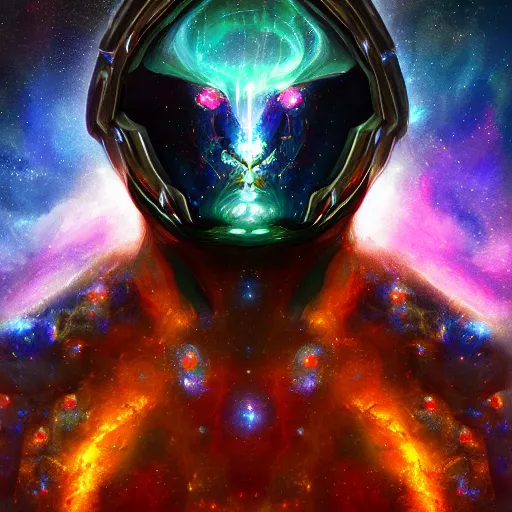 Image similar to photorealistic fantasy cosmic concept art of a cosmic nebula God in dark matter armor hovering in a unknown galaxy, fully body portrait, cinematic, dynamic lighting, ultra detailed, creative, trending on art station