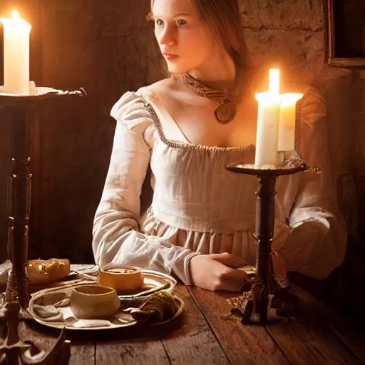 Prompt: young attractive beautiful scandinavian woman wearing 1 8 th century stay in a medieval tavern at night with candles, wow 4 k detail fantasy, matte painting, realistic materials, photo realistic, postprocessing, cinematic, hyperrealistic, studio lighting, ekaterina, the tudors, photography by richard jenkins