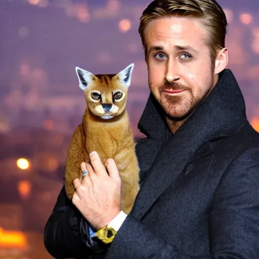 Prompt: Ryan Gosling holds a caracal cat in his hands against the backdrop of the Eiffel Tower