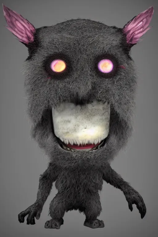 Image similar to 3 d model of a evil fur monster with glowing eyes by alexander jansson : 1 | centered, dark rainbow color scheme, black background, matte background : 0. 9 | by jim henson and dave melvin : 0. 4 | unreal engine, deviantart, artstation, octane, finalrender, concept art, hd, 8 k resolution : 0. 8