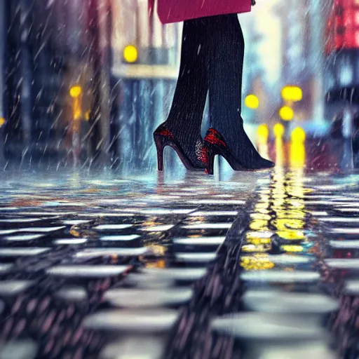 Prompt: close up of a womans high-heel shoe stepping into a shallow rain puddle on a busy crosswalk, by Leonid Afremov, matte painting, hyperrealism