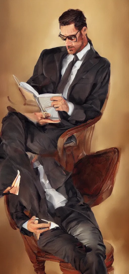 Image similar to a man reading a book wearing a suit oil painting, digital art, artstation