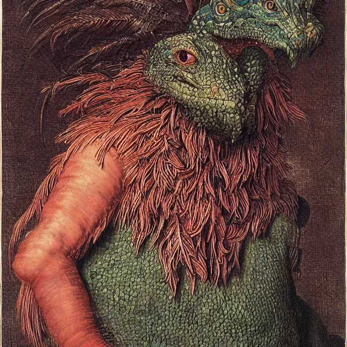 Image similar to close up portrait of an mutant monster creature with proud, reptilian allure, iridescent scales, dovish feathers, diaphanous fungic protuberances. jan van eyck, audubon