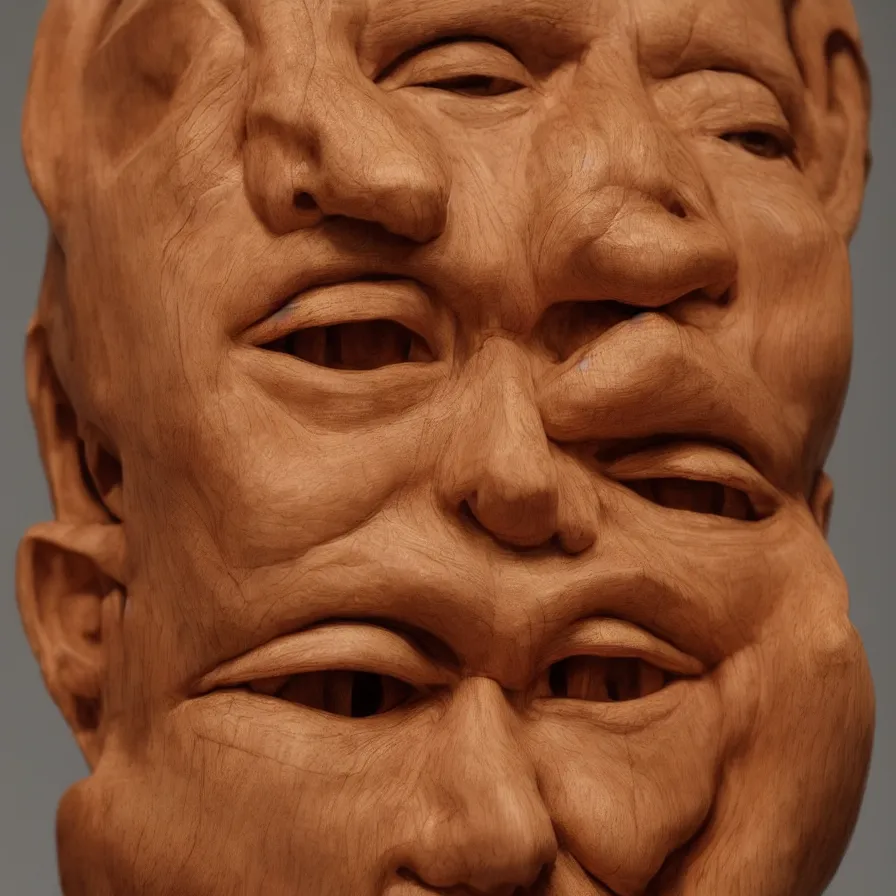 Image similar to realistic sculpture portrait of a powerful stern woman's face carved out of a curly maple wood on a pedestal by stephan balkenhol and duane hanson and donald judd, hyperrealistic dramatic colored lighting trending on artstation 8 k