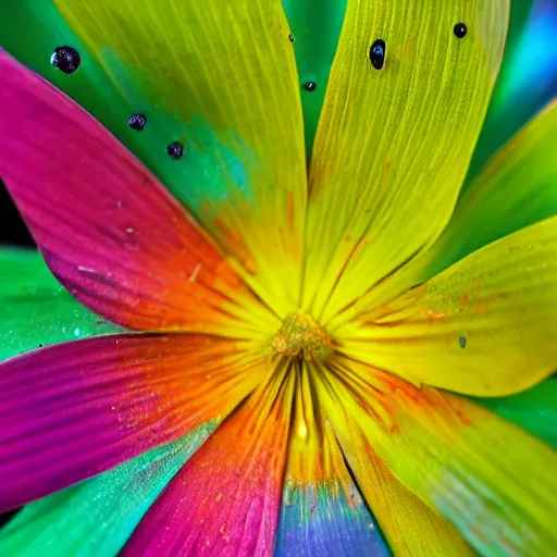 Prompt: macro photograph of a pretty flower with rainbow petals on a long green stem
