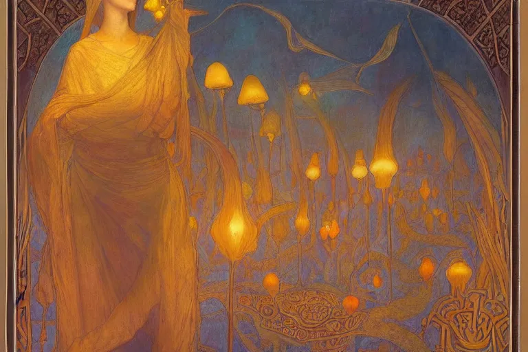 Image similar to Dreaming of the perfect Day by Annie Swynnerton and Nicholas Roerich and jean delville, glowing paper lanterns, strong dramatic cinematic lighting , ornate tiled architecture, lost civilizations, smooth, sharp focus, extremely detailed