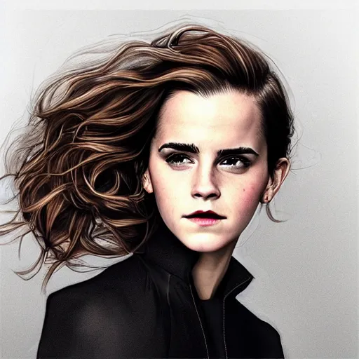 Image similar to emma watson with one hand in her hair, playing with her curls, hyperrealistic, artgerm