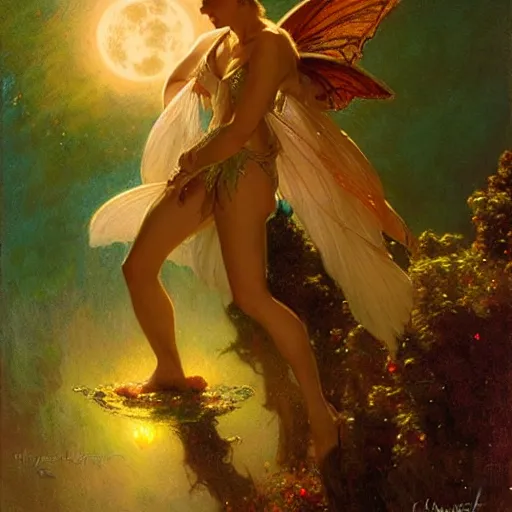 Image similar to attractive fairy magically floating high in the night, fantasy, full moon in background. highly detailed painting by gaston bussiere, craig mullins, j. c. leyendecker, sharp focus, 8 k