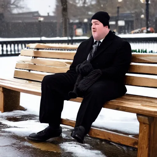 Image similar to Kevin Malone wearing a black beanie hat and black wool overcoat sitting on a park bench during the winter