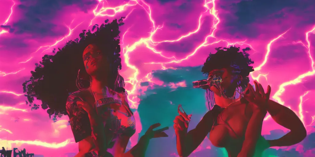 Image similar to Lightning storm while lady rapper performs on stage, digital art, vapor wave, hip hop, blade runner, trending on Artstation, professional artist, detailed, 4k