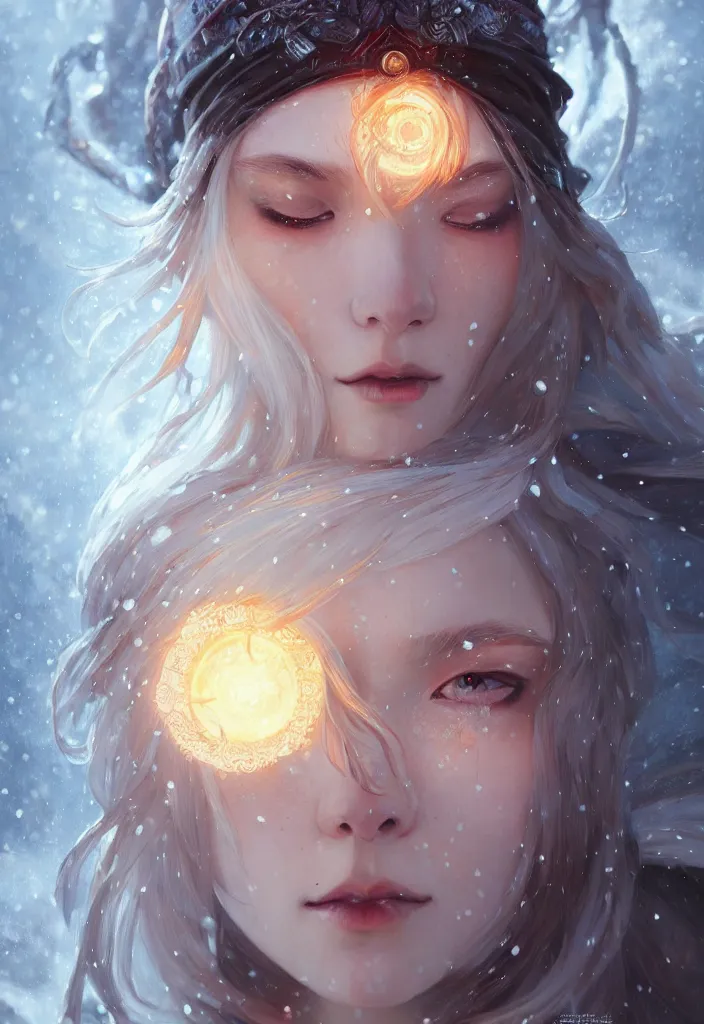 Image similar to beautiful ancient frost witch, eye fire, snow glow, snowfall, highly detailed, digital painting, artstation, sharp focus, illustration, art by tan zi and ayanamikodon and alphonse mucha and wlop